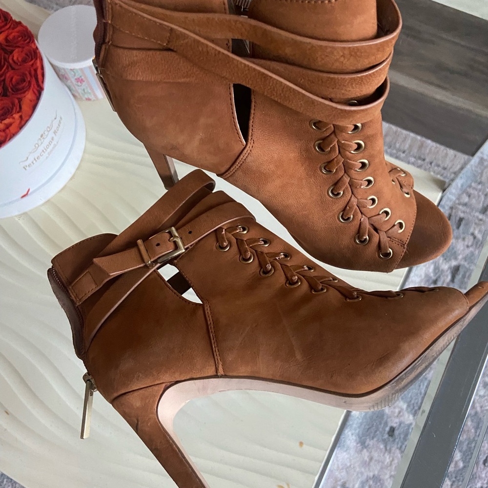 BCBG Brown Lace-Up Peep-Toe High Heel Booties - Women
